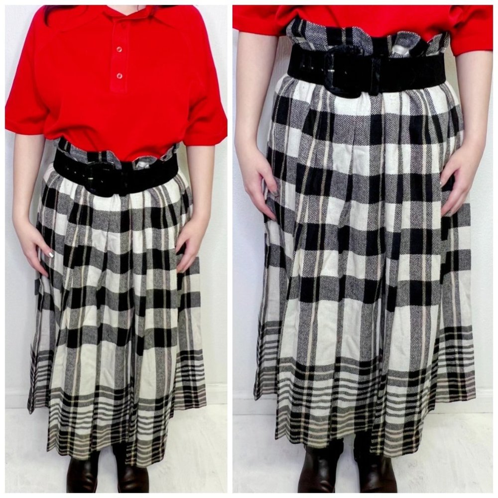 Vintage 80s 90s Koret Black Check Pleated Field Skirt Size XL 18 Academia